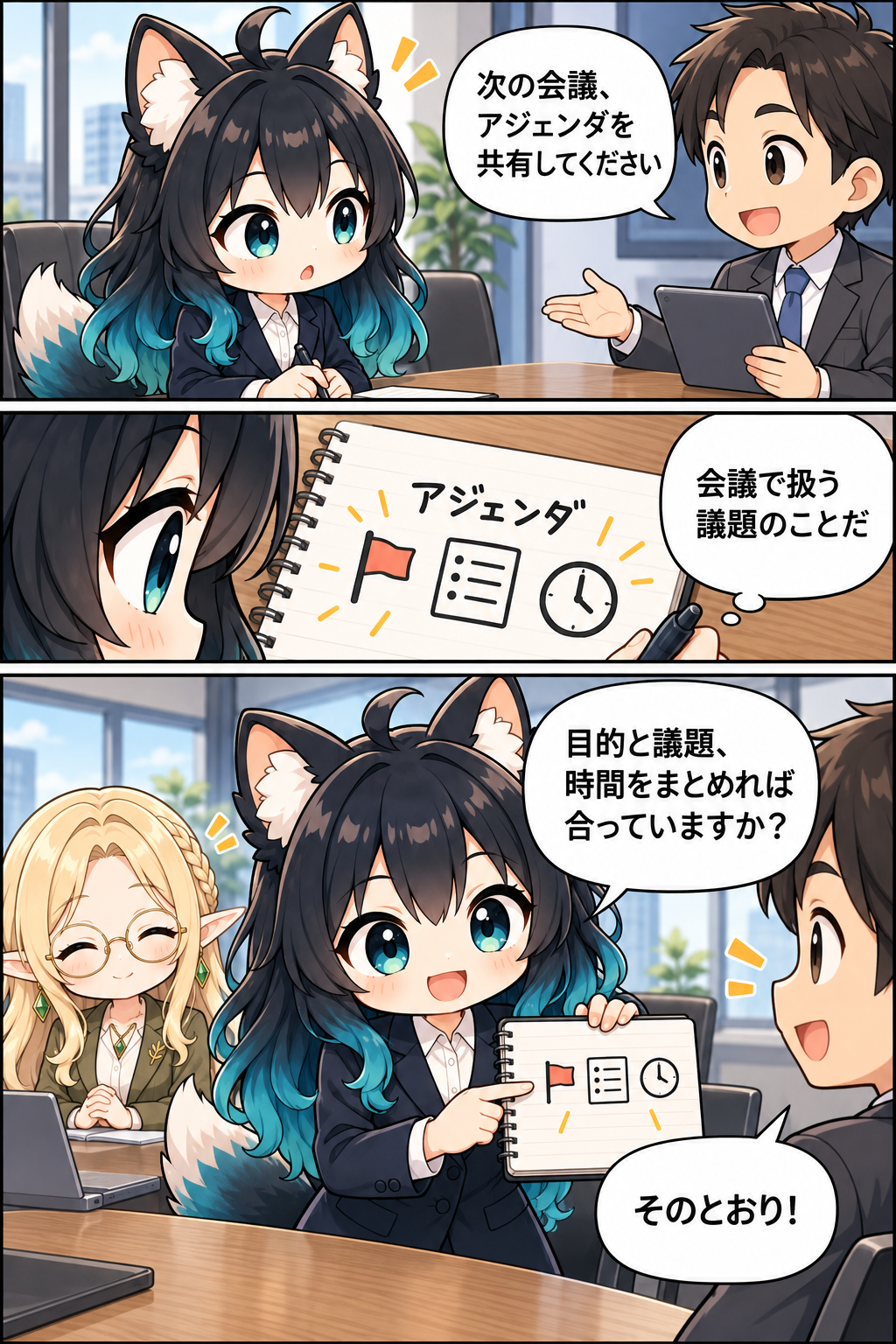 アジェンダの意味を理解したアカネが会議相手へ具体的に確認する漫画