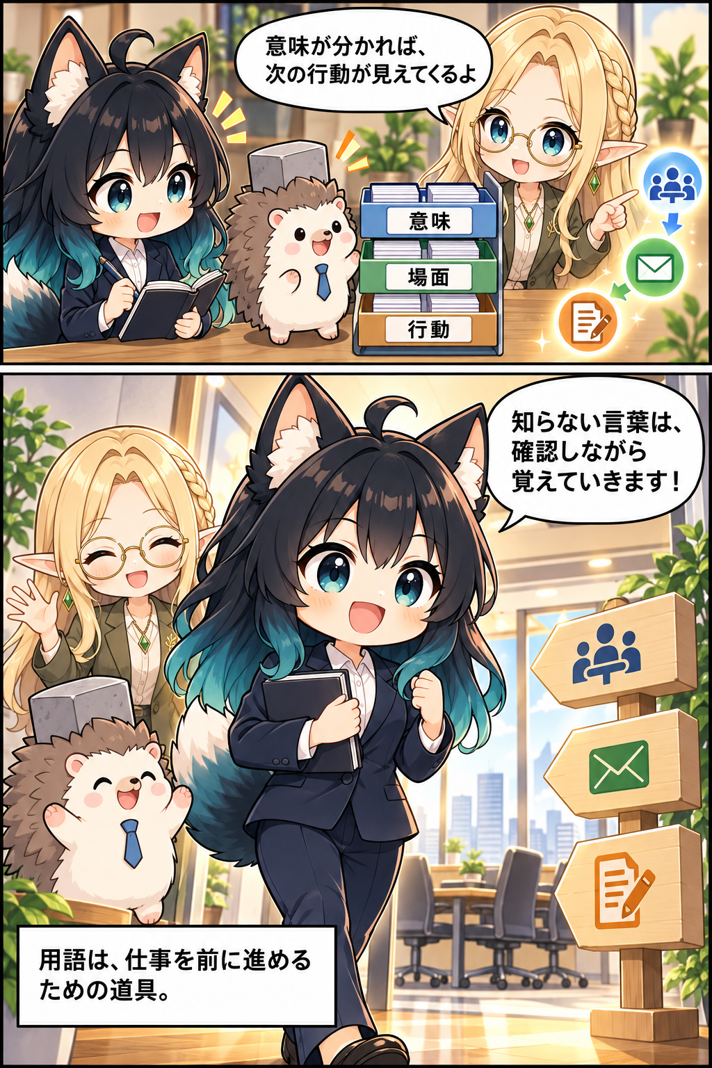 ビジネス用語を仕事を前に進める道具として使い始めるアカネの漫画