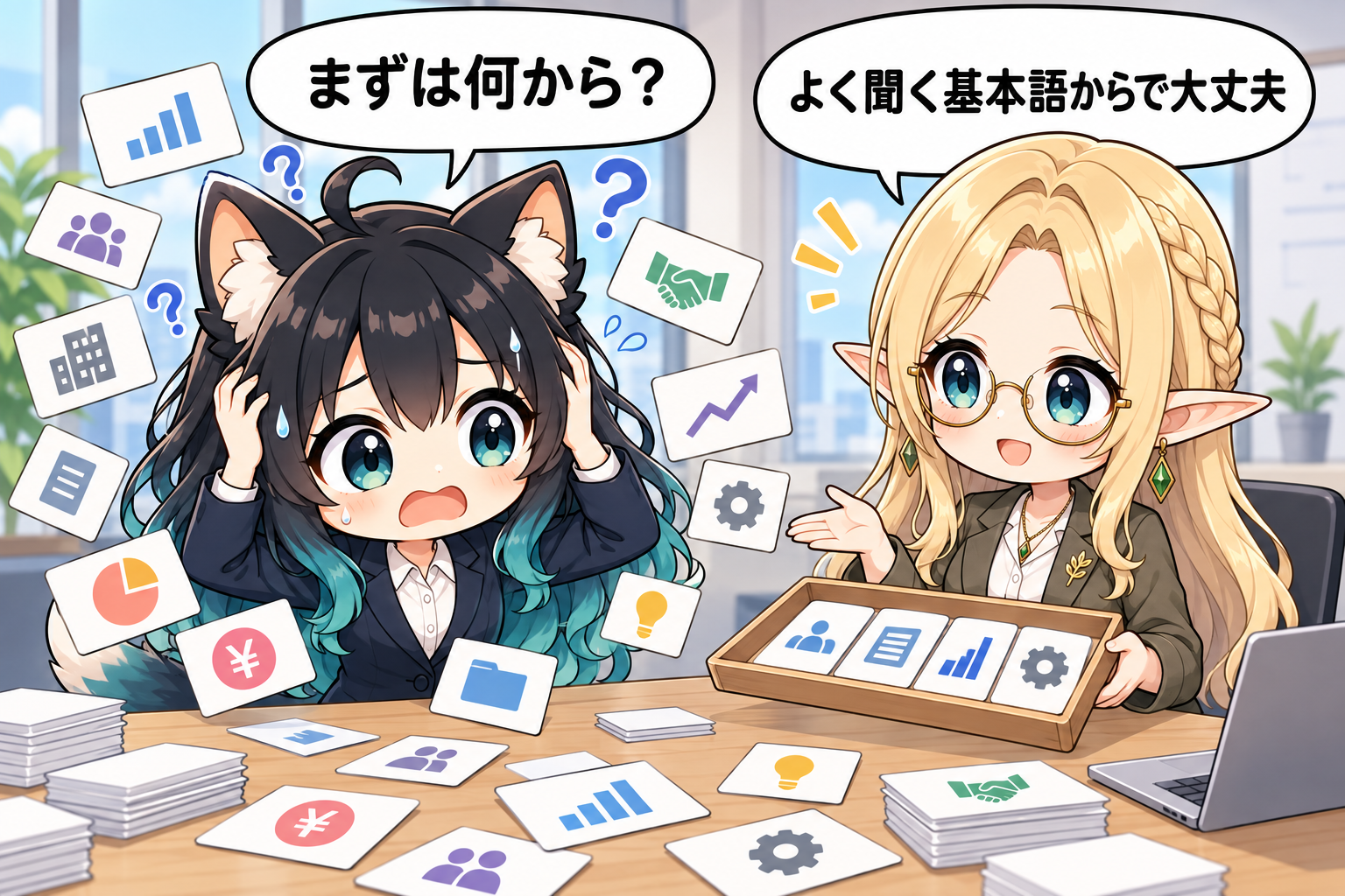 新人のアカネがコトネから最初に覚えるビジネス基本用語を教わるイラスト