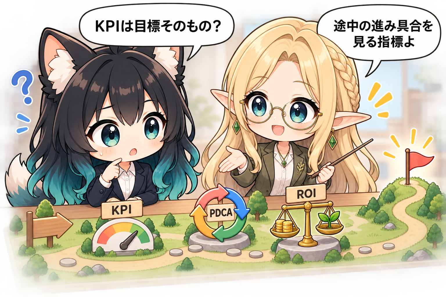 KPIを目標までの進み具合を見る指標として学ぶアカネとコトネのイラスト