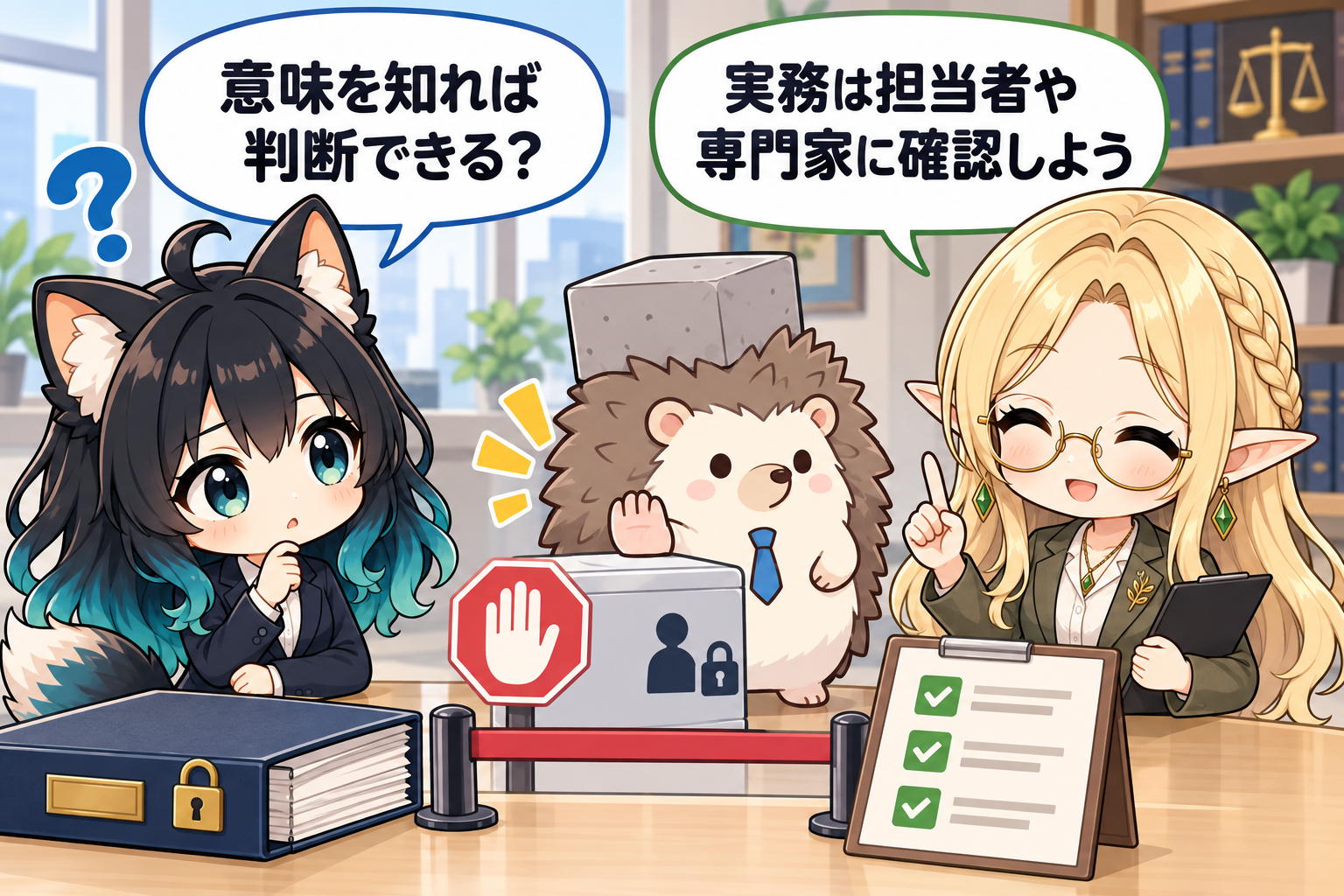 個人情報の書類を前に実務判断は担当者や専門家へ確認すると学ぶイラスト