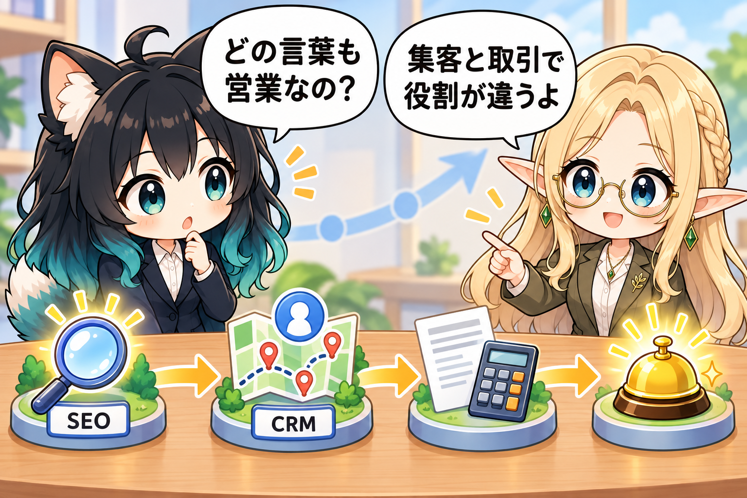 SEOやCRMから見積と受注へ進む営業・マーケティングの流れを示すイラスト