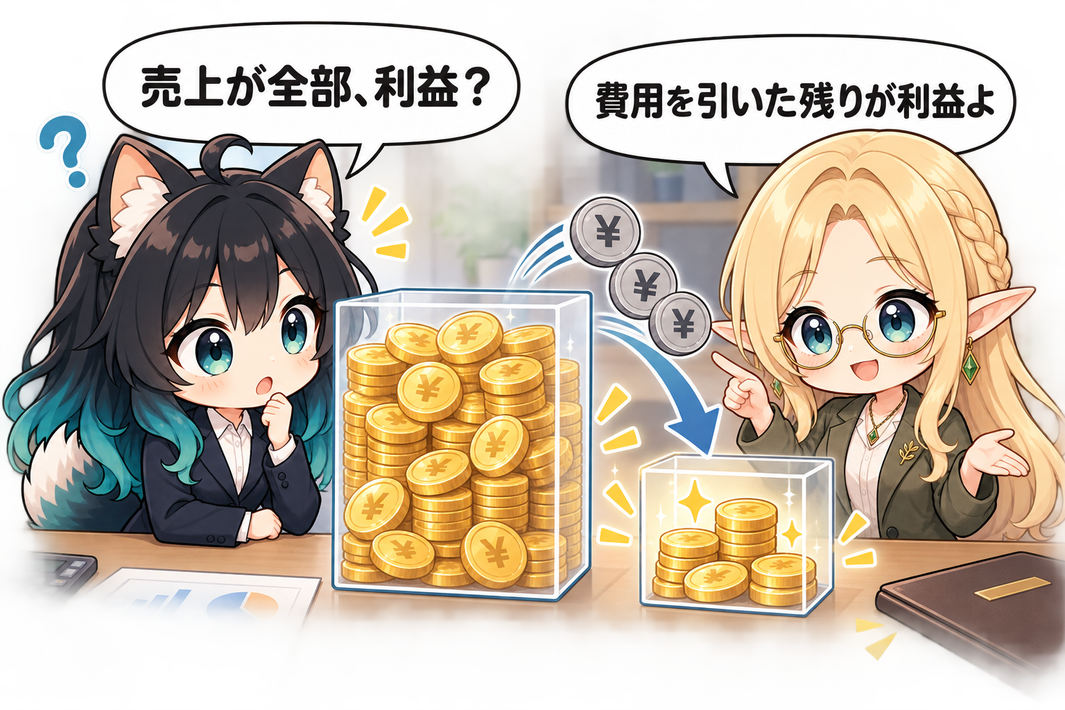売上から費用を差し引いた残りが利益になる仕組みを学ぶイラスト