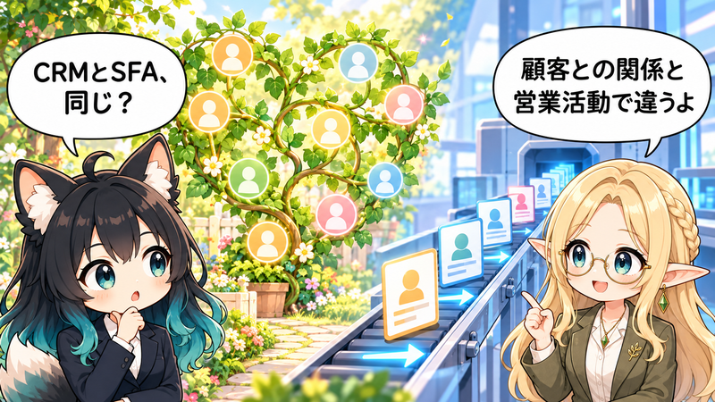 顧客との関係と営業活動を対比してCRMとSFAを学ぶイラスト