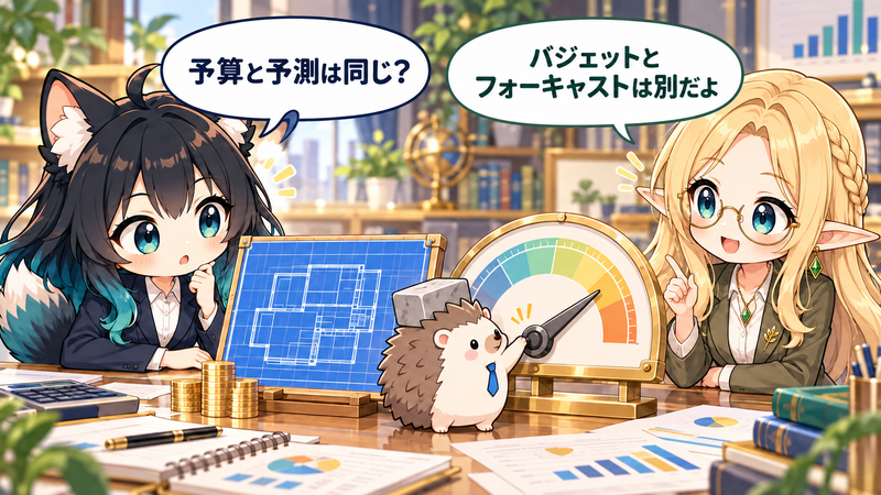 予算と最新予測の違いを図で学ぶアカネとコトネのイラスト