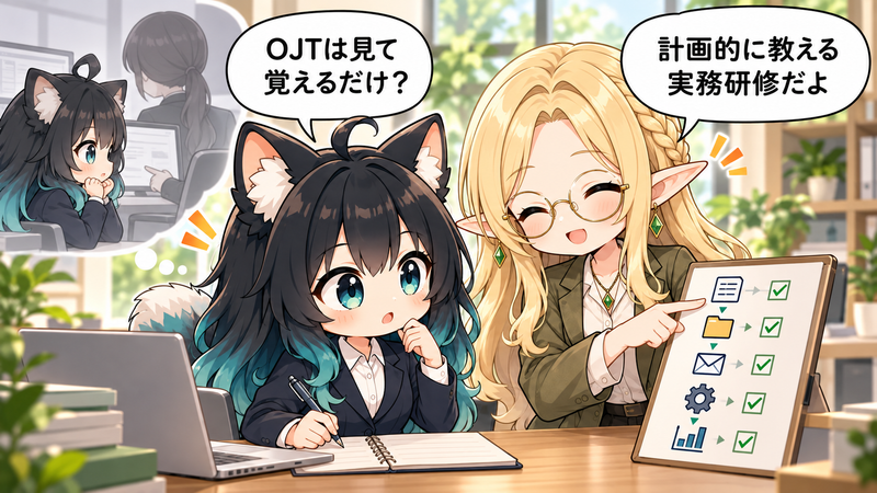 OJTは計画的に教える実務研修だと学ぶアカネのイラスト