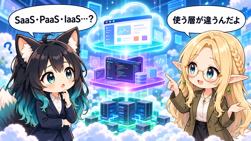 クラウドの三層模型でSaaS・PaaS・IaaSを学ぶイラスト