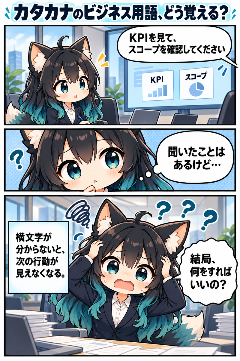会議のカタカナ用語が分からず次の行動に迷う新人アカネの導入漫画