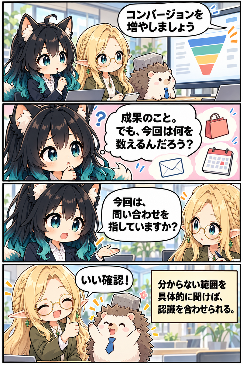 コンバージョンの意味の範囲を会議で具体的に確認するアカネの漫画