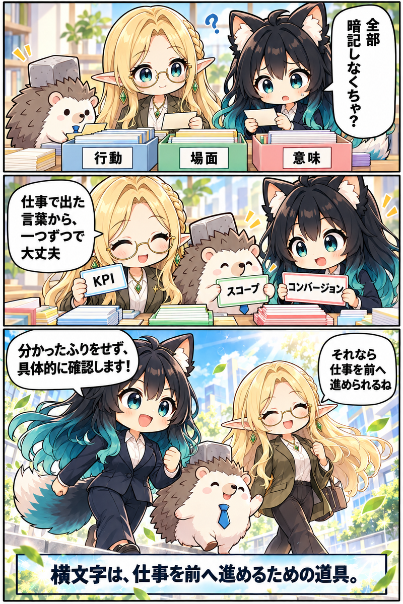 仕事で出た用語から覚え分かったふりをせず確認すると決めるアカネの漫画