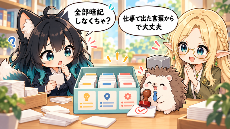 仕事で出たカタカナ用語から順に覚えるアカネたちのイラスト