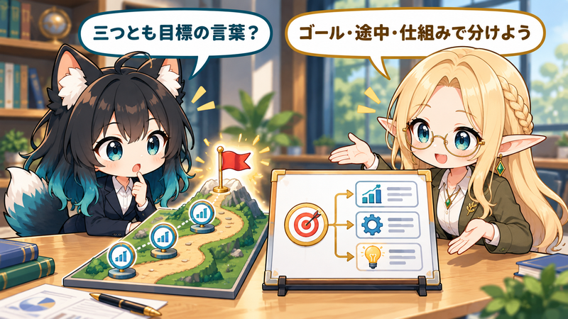 ゴール・途中の指標・目標管理の仕組みを三つに分けたイラスト