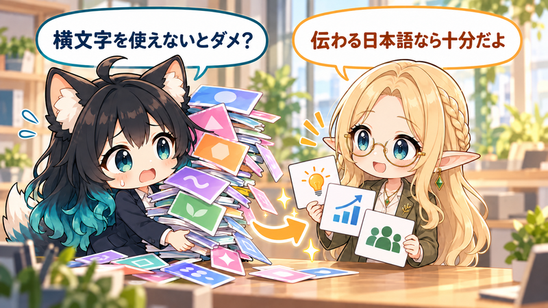 横文字を無理に使わず伝わる日本語を選ぶアカネとコトネのイラスト