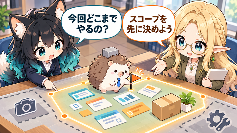 プロジェクトの範囲を境界線で確認するアカネたちのイラスト
