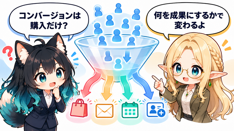 ファネルの複数の出口からコンバージョンの違いを学ぶイラスト