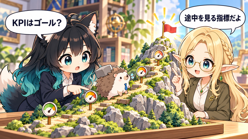 目標の山と途中の指標でKPIを学ぶアカネたちのイラスト